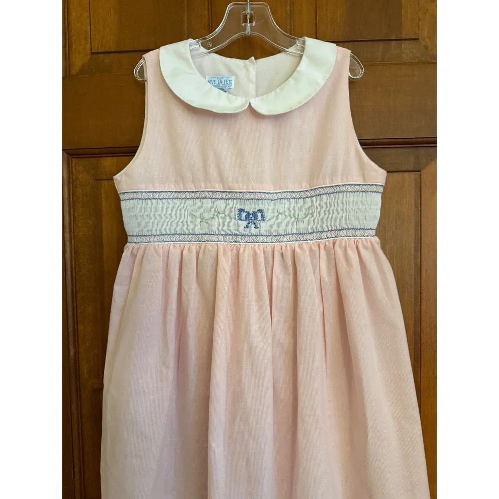 Vive La Fete Hand-Smocked Sleeveless Dress Girls Size 8 Pink/White Embroidered